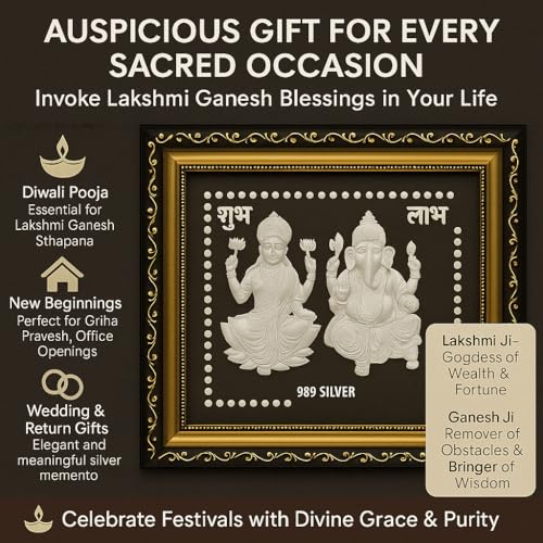 Image of Ganesh Lakshmi 999 Pure Silver God Frame | Diwali Poojan Gift for Home Temple | Lakshmi Ganesh Murti | Auspicious Festival Decor | Lakshmi Devi Idol for Wallet, Mandir, Desk