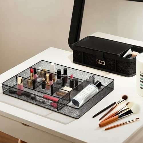 Image of Hiceeden 2 Pack Mesh Desk Drawer Organizer, 16.1 inchx12.2 inchx2 inch Large Desk Organizer Tray with 2 Removable Dividers, 6 Compartment Metal Organizers for Home, Office, Makeup & Vanity