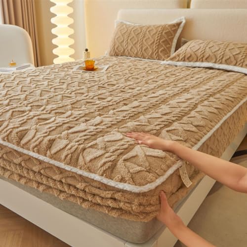 Sábana bajera ajustable de terciopelo de franela gruesa, ropa de cama cálida de felpa para invierno, color caqui (78.7 x 86.6 pulgadas), ideal para comodidad en clima frío y noches acogedoras