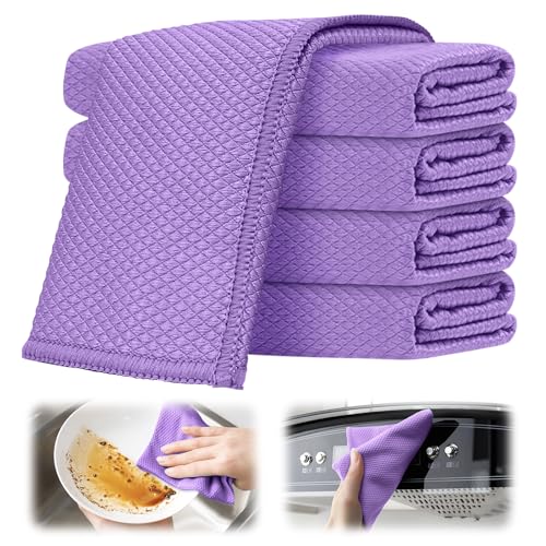Lot de 10 chiffons de nettoyage en microfibre ; torchon à vaisselle ; chiffon à récurer ; chiffon de cuisine ; chiffon de voiture ; chiffon de nettoyage pour vitres ; chiffon absorbant (violet, 10)