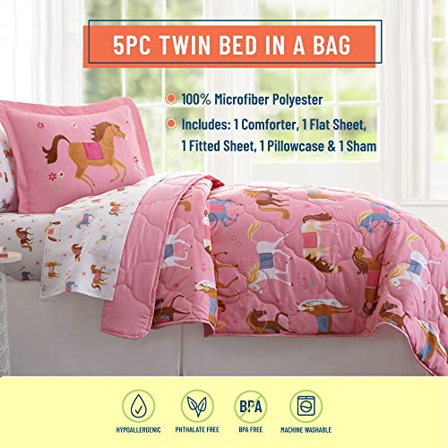 Wildkin Kids 5 Pc Twin Bed In A Bag For Boys And Girls, Microfiber Bedding Set Includes Comforter, Flat Sheet, Fitted Sheet, One Pillow Case And One Sham (Horses) #TOP1