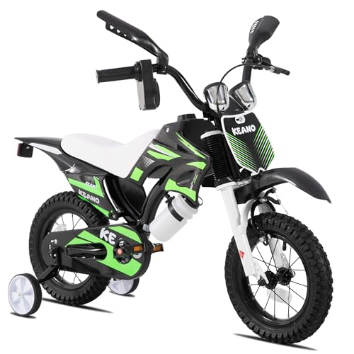 KEANO Motocross Style Kids Bike for Boys Girls Ages 2-4 Years, 12 Inch Bikes with Training Wheels and Number Plate, Toddler Bike Children Bicycles Green