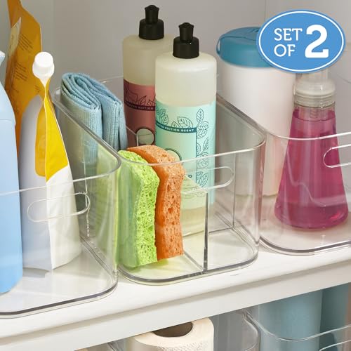 Image of STORi Bliss 5-Compartment Plastic Cosmetics Storage Organizer, Set of 2 | Clear | Rectangular Divided Makeup Bin & Vanity Caddy with Pass-Through Handles | Round Corner Design | Made in USA