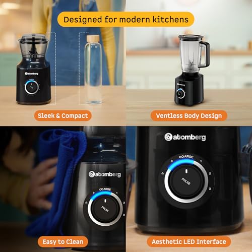 Image of Atomberg Zenova Fresh Juicer Mixer Grinder For Kitchen | Intelligent BLDC Motor | Grind Like 1000 Watt | Coarse Mode for Silbatta Texture | 4 Jar With Chopper | Coconut Milk Maker | Hands-Free | Black