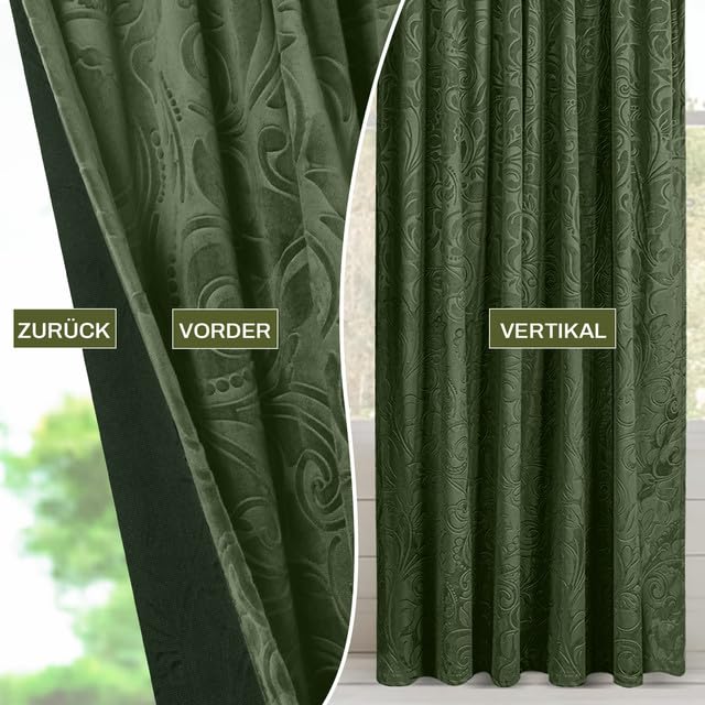 Rosnek Samt Gardinen Vorhang Kräuselband 2er Set, H244 x B132 cm Thermogardine Luxus Vorhang Blickdicht mit Muster, Übergardinen Vorhänge Verdunkelung Barock Deko für Wohnzimmer, Olivgrün
