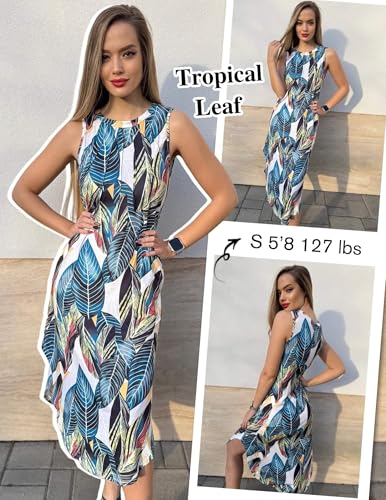 Image of Zeagoo Women Floral Summer Casual Beach Printed Tank Dress with Pockets Pleated Front Long Dress