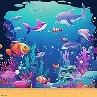 Loussiesd 10 Yards (L920*W150cm) Ocean Fabric by The Yard Sea Animal Upholstery Fabric for Chairs for Kids Fish Sea Underwater World Blue Marine Theme Coral for Home DIY Projects,