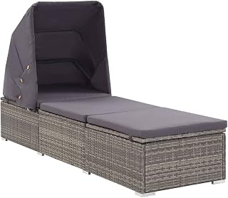 vidaXL Sun Lounger with Canopy and Cushion Garden Outdoor Patio Lounge Chair Sunbed Daybed Reclining Lounger Furniture Poly Rattan Grey