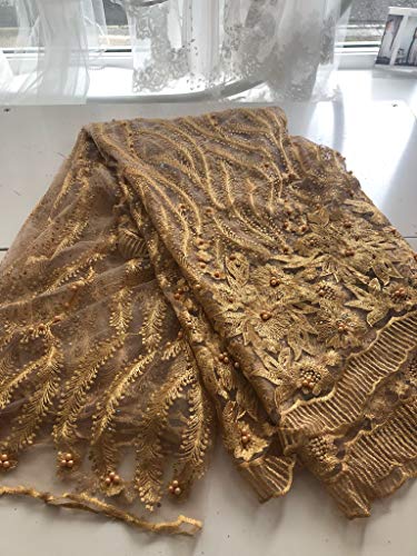 Tissu en dentelle africaine de 2,7 m - Tissu brodé pour robe de fête, de mariage - Guipure K8 doré
