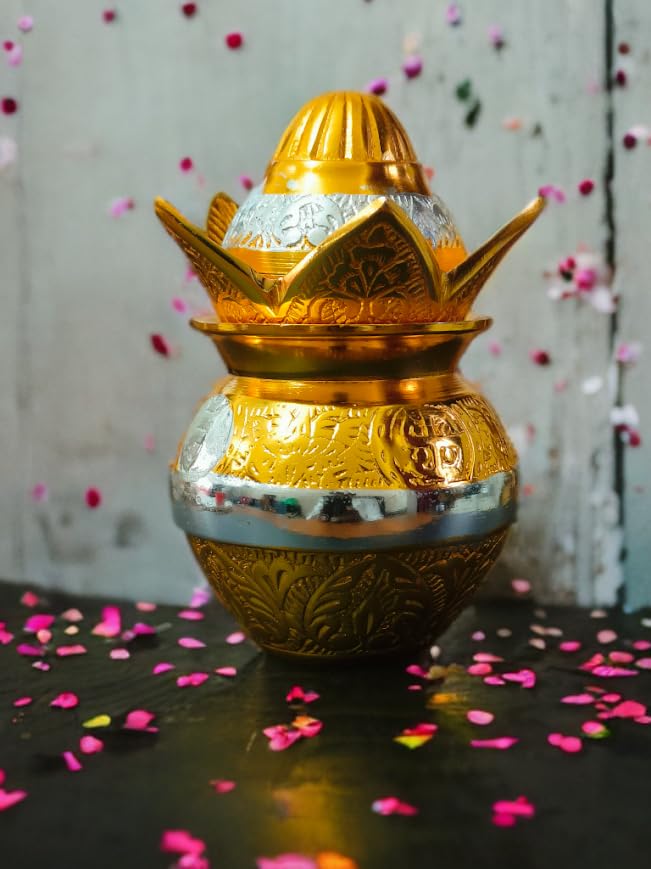 Image of Traditional Brass Kalash, Gold and Silver Finish, Decorative Pooja Vessel with Engraved Design, 5 Inch
