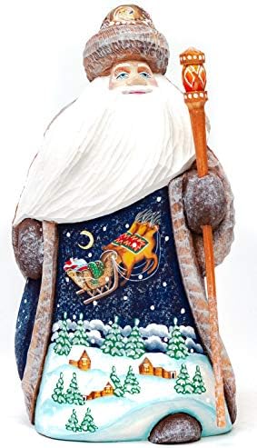 160 mm Santa Claus Hand Carved Wooden Figurine with Painted Picture Santa Claus Flying Over The Russian Vil…