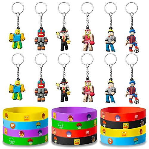 GROBRO7 Lot de 24 Blocs de Robots avec 12 Bracelets et 12 Porte-clés pour Les Fans de Jeux vidéo Bracelets en Silicone colorés Porte-clés en Caoutchouc Fournitures de fête pour fête d'anniversaire Cover
