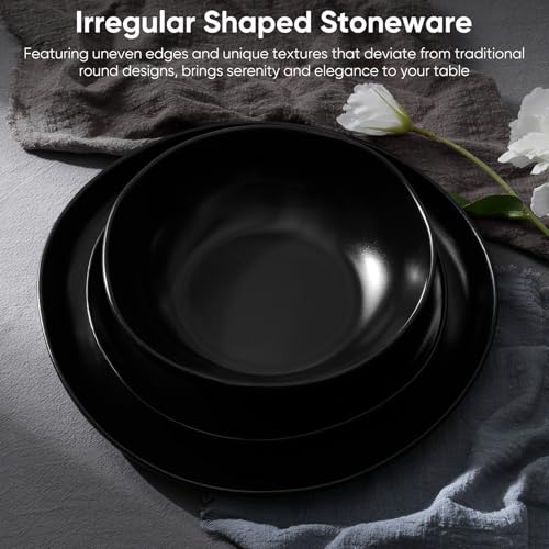 Homikit 12-Piece Dinner Set, Reactive Glaze Stoneware Dinnerware for 4 People, Irregular Shape Plates and Bowls, Non-Toxic & Scratch Resistant, Microwave and Dishwasher Safe - Obsidian Night - Image 4