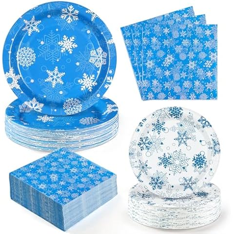 Homlouue Christmas Plates and Napkins Sets, Blue Snowflake Christmas Plates Disposable, Christmas Paper Plates and Napkins for Christmas Party Dinner Holiday Party Supplies, Christmas Dinner Plates Cover