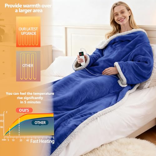 Image of Wearable Heated Blanket With Sleeves & Foot Pocket, Heated Throw Blankets Fast Heating Blanket With 10 Heat Settings Auto Shut Off Over-Heat Protection-Warm Gift, Machine Washable, 52 inch*72 inch+18 inch