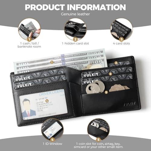VULKIT Bifold Wallet Genuine Leather For Men Slim Minimalist Front Pocket RFID Blocking Card Wallet Wine2
