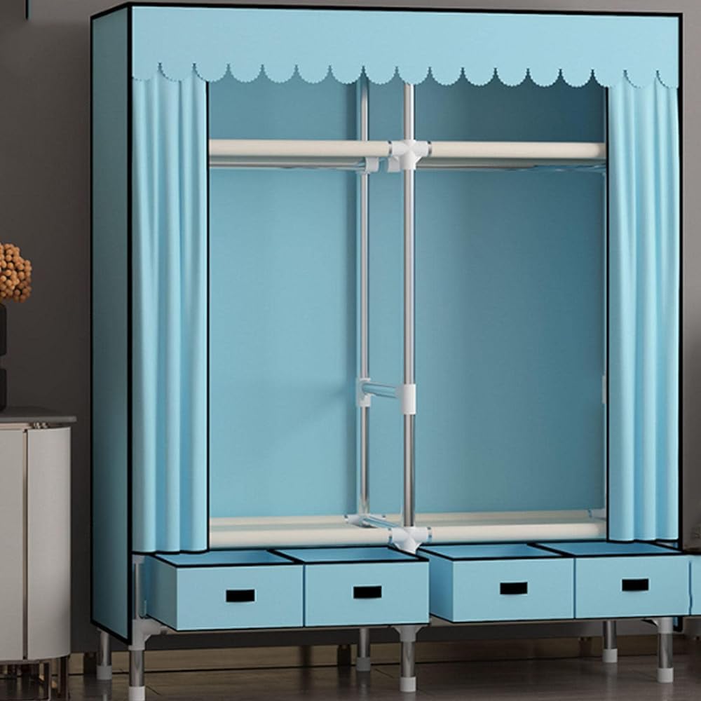 Armario De Lona Portátil, Armario De Tela con Barra para Colgar, Barra para Ropa con Cubierta De Tela No Tejida, Organizador De Almacenamiento para Armario De Ropa, 140x45x168cm(Color:Blu)