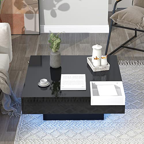 Merax Modern Minimalist Design 31.5 X 31.5 Inch Square Coffee Table With Detachable Tray, Plug-In 16-Color Led Strip Lights And Remote Control, For Living Room, Black_1 #TOP17