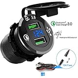 Quick Charge 3.0 Car Charger, 12V/24V 36W Aluminum Waterproof Dual QC3.0 USB Fast Charger Socket Power Outlet with LED Digital Voltmeter for Marine, Boat, Motorcycle, Truck, Golf Cart and More
