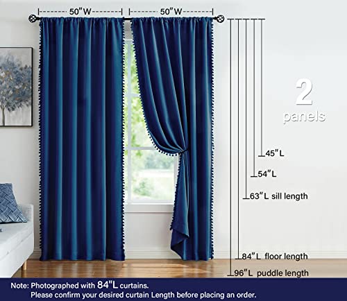 Treatmentex NSFPOM2-84NV Pom Pom Curtains 84 Inch Navy Royal Blue Blackout Curtains Bedroom Windows Drapes Triple Weave Thermal Insulated Curtain Panels For Men Boys Nursery Room Studio Hotel 52 Inch W X2 Panels Rod Pocket thumb #5