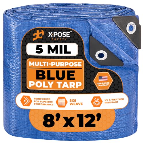 Image of Better Blue Poly Tarp 8' x 12' - Multipurpose Protective Cover - Lightweight, Durable, Waterproof, Weather Proof - 5 Mil Thick Polyethylene - by Xpose Safety