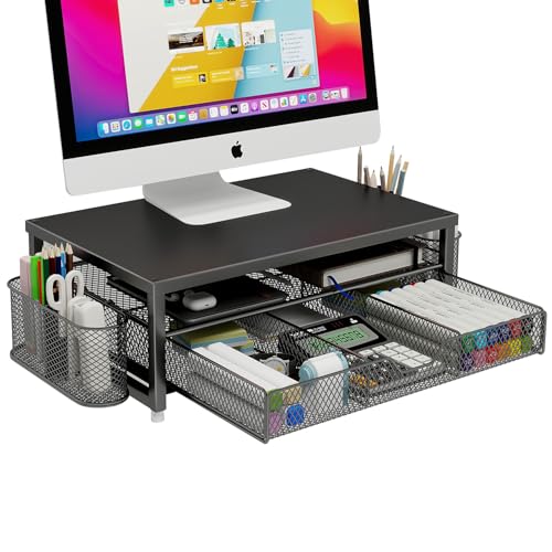 Monitor Stand Riser Metal Office Desk riser with shelf Organizer Office Organization Desk Organizer with Drawer and Pen Holder 2-Tier Computer Stand for iMac PS4 PC Printer Notebook (Black)