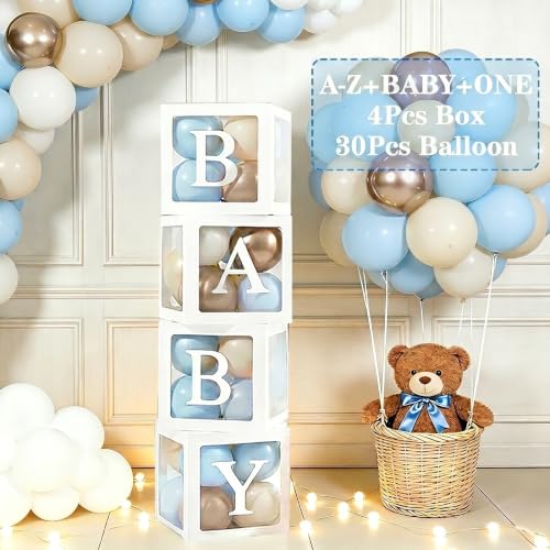 67Pcs Blue Baby Balloon Boxes for Baby Shower Decorations 4 Clear Balloon Boxes with 30 Blue Gold Balloons & 33 Letters Baby Blocks for Baby-Shower Boy Birthday Party Christening Decoration DIY Name