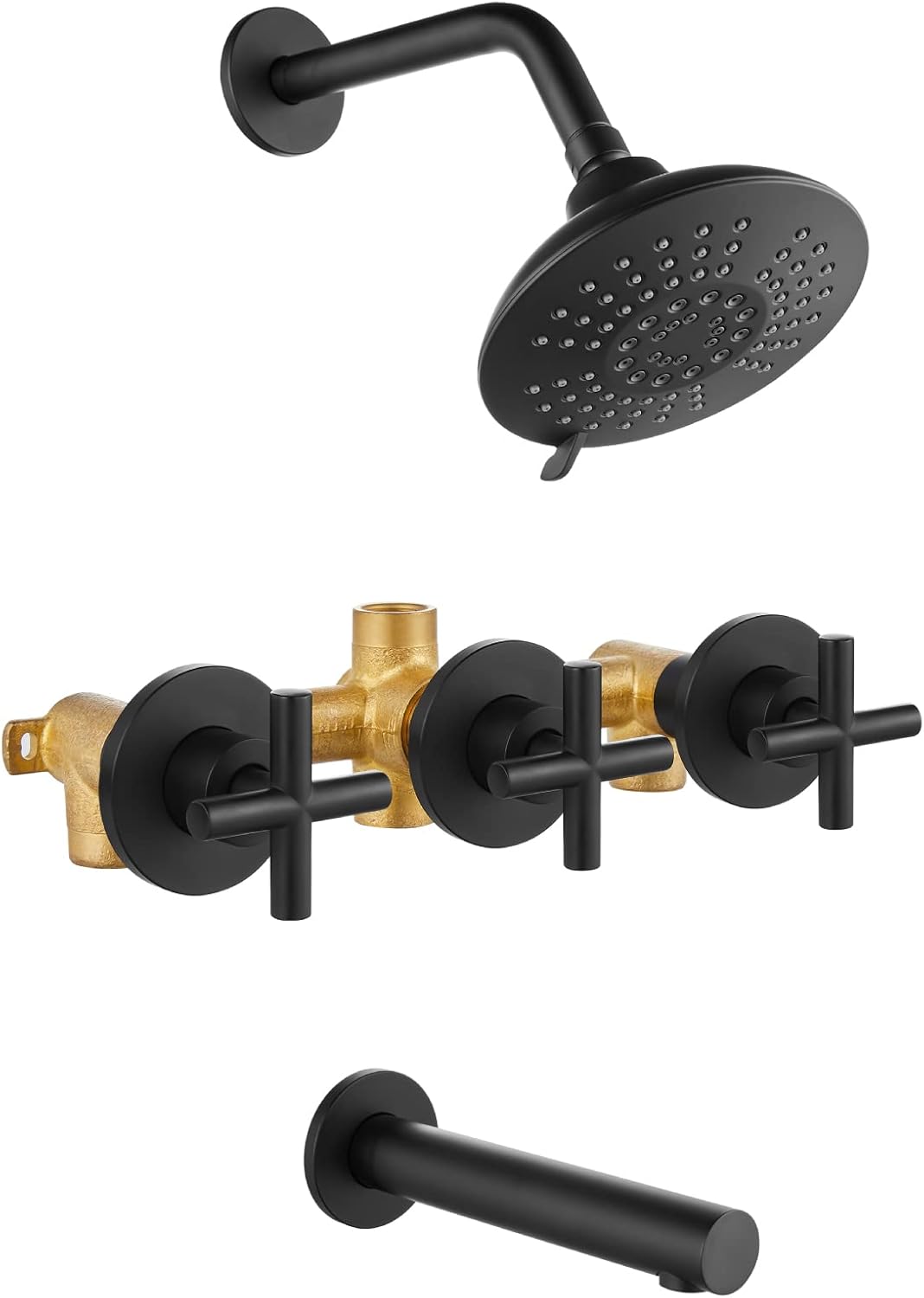 Cinwiny Matte Black 3 Handles Tub Shower faucet set with Tub Spout Wall