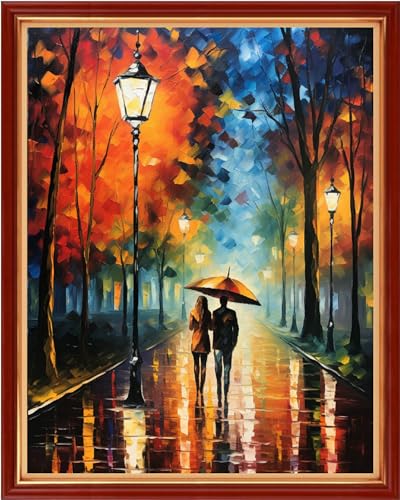 Image of Dooxvey Cross Stitch Kits for Adults Beginners,Full Range of Cross-Stitch Stamped Kits Needlepoint Kits for Beginners Embroidery Kits 11CT Cross Stitch Patterns-Strolling on a Rainy Night 16x20 inch