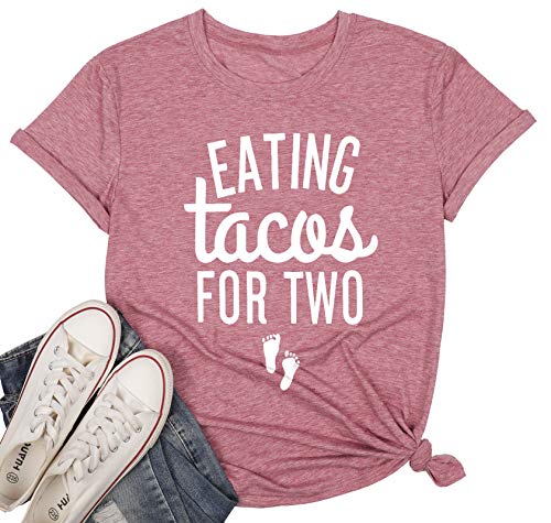 Eating Tacos for Two Maternity Shirt Cute Graphic Letter Print T-Shirt Pregnancy Announcement Short Sleeve Tees Tops Pink