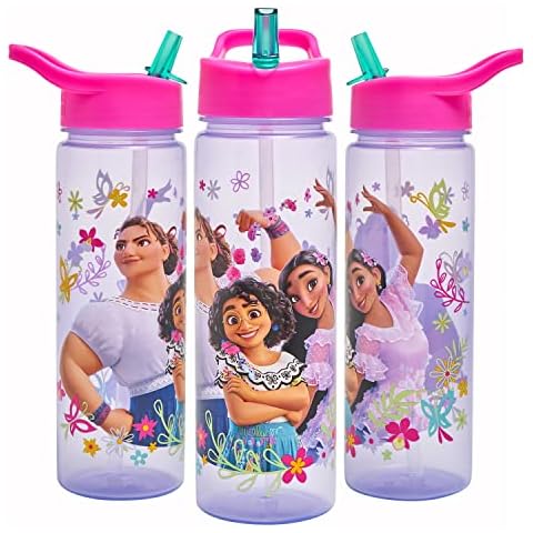 Encanto Water Bottle Flip Up Straw 600ml - Official Disney Merchandise by Polar Gear - Kids Reusable Non Spill - BPA Free - Recyclable Plastic - Ideal For School Nursery Sports Picnic - Purple & Pink Cover