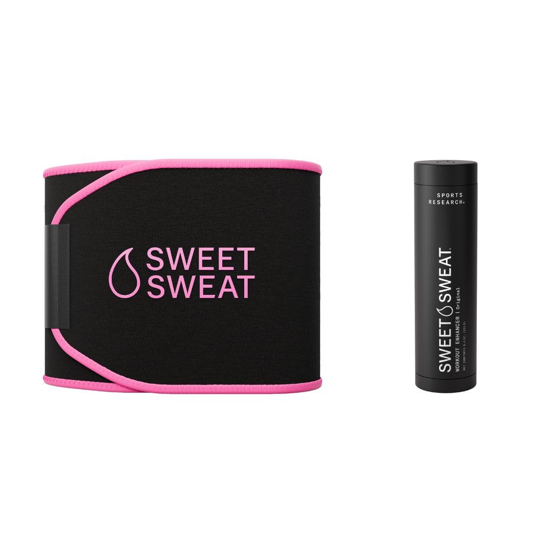 Sports Research Sweet Sweat Original Waist Trimmer (Pink, Medium) & Sweet Sweat Original Stick (6.4oz) Bundle