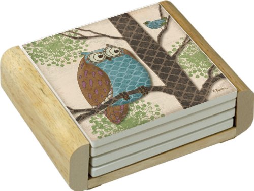 CounterArt Absorbent Coasters in Wooden Holder, Fantasy Owl Design, Set of 4