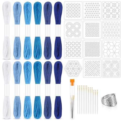 Image of 37 Pcs Sashiko Thread Kit Sashiko Needles Cotton Thimble Sashiko Patterns Embroidery Projects for Sewing Hand Quilting Mending Supplies