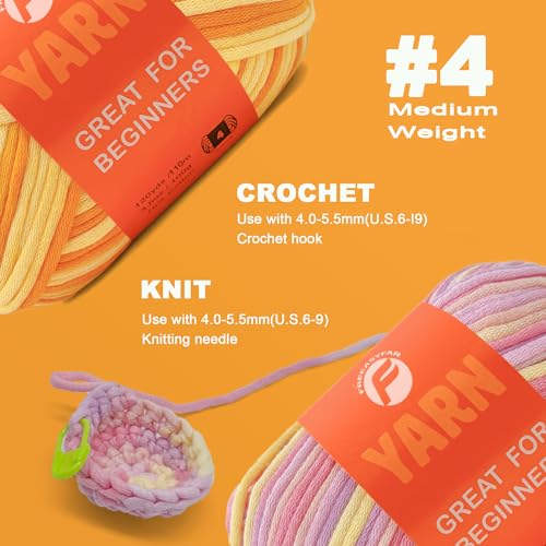 Image of 2 x 3.5Oz /120yds Beginner Easy Yarn for Crocheting and Knitting;Worsted-Weight Medium #4;Cotton Blend Yarn for Beginners Amigurumi DIY (Macron+Yellow)