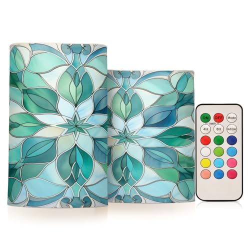Image of Lights Flameless Candles Turquoise Flower Pattern Pillar Candles Set of 2 Battery Operated Remote Control Warm Lights Home Decor