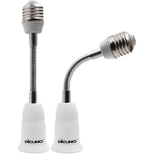 DiCUNO E26 15.5CM/5.5 Inch Extension Socket Extender Adapter, E26 to E26 Flexible Extension, All-Directional Adjustable Standard Medium Light Bulb Socket Converter (2-Pack)