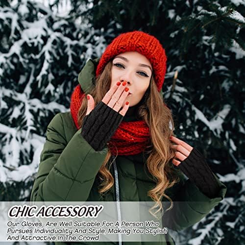 Jeere Hand Warmers Gloves 2 Pairs Winter Fingerless Mittens for Women Crochet Fingerless Gloves Knitted Hand Warmers Thumbhole Arm Warmers, Black and Gray, One Size