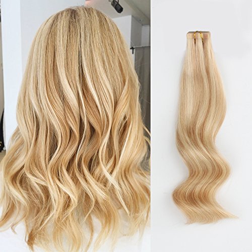 ABH AmazingBeauty Hair Pre-taped 50g 20pcs Highlighted Hair Tape Extensions Real Remy Human Hair Skin Weft, Invisible, Seamless, Dirty Blonde with Platinum Beach-Bleached Blonde P18-613, 18 Inch