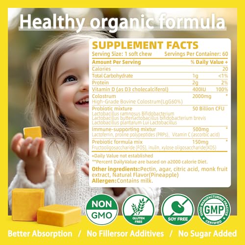 Image of Allcoovita Bovine Colostrum Chews Supplement with probiotics for Gut Health, Bloating, Immune Support, Skin, Hair Growth and Beauty - Pineapple Flavor (60 Servings)