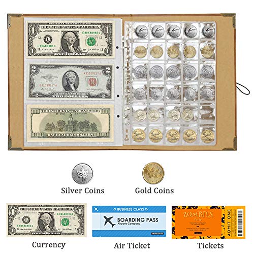 Lzttyee Leather Coins Storage Collecting Holder Album with 150 Pockets Coins and 240 Pockets Paper Money Large Capacity Coin Collection Book Meaningful Gift for Collectors