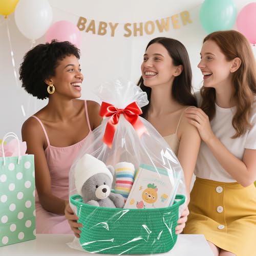 Image of Woven Basket with Gift Bags and Ribbons, 14 inchX 10 inch X 6 inch Storage Basket Green | Gift Storage Organizer Basket Bin Shelf Shelves Cotton Rope Basket for Nursery, Pet Toys