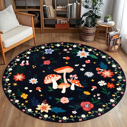Acetiamin 4 Machine Washable Round Area Rug Non-Slip Vintage Floral Circle Floor Rugs for Kids Low Pile Room Carpet for Living Room Bedroom Dining Room & Nursery(4 Black Mushroom)