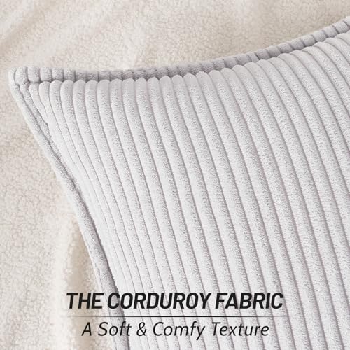 Mecatny Corduroy Throw Pillow Covers 18x18 Set of 2, Neutral Decorative Soft Boho Couch Pillow Covers with Broadside for Sofa Living Room, Grey