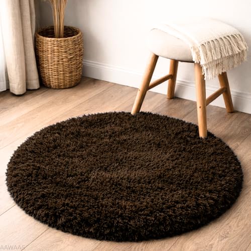 Image of Premium Polyester Shaggy Round Rug - Ultra Soft Fluffy Circle Carpet for Bedroom, Living Room, Kids Room, Anti-Skid Plush Floor Rug - (Coffee, 3 feet|90cm)