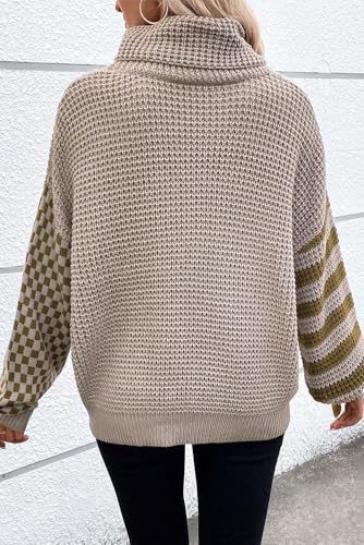 Women's Smoke Gray Striped Plaid Patchwork Waffle Knit Turtleneck Sweater3