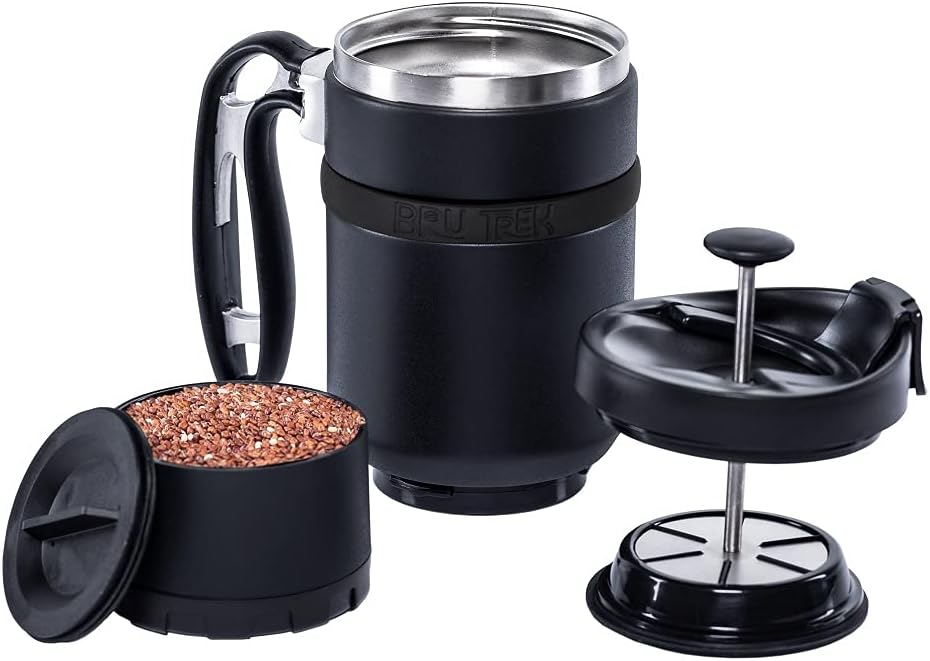 BruTrek® by Planetary Design Double Shot 4.0 Travel Coffee French Press, 16 fl.oz Insulated Stainless Steel Mug, Removable Storage Bottom To Brew A Second Cup, No Spill Lid (Obsidian)