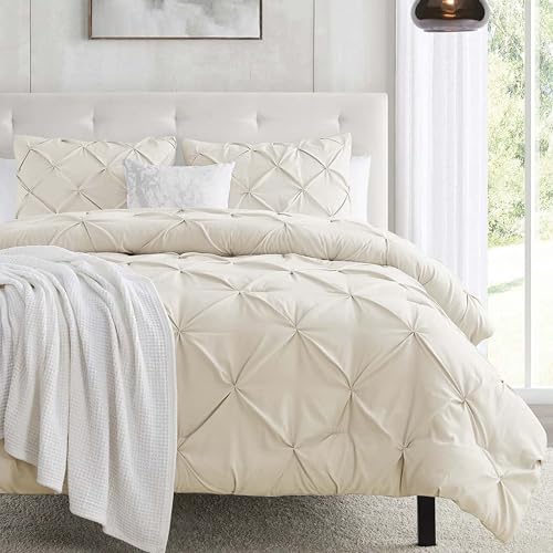 Image of Nestl Twin Duvet Cover Set Cream - Soft Double Brushed Duvet Set with Button Closure & Corner Ties, 2 Piece Luxurious Pinch Pleated Duvet Cover Set 68x90 Inches with 1 Pillow Sham