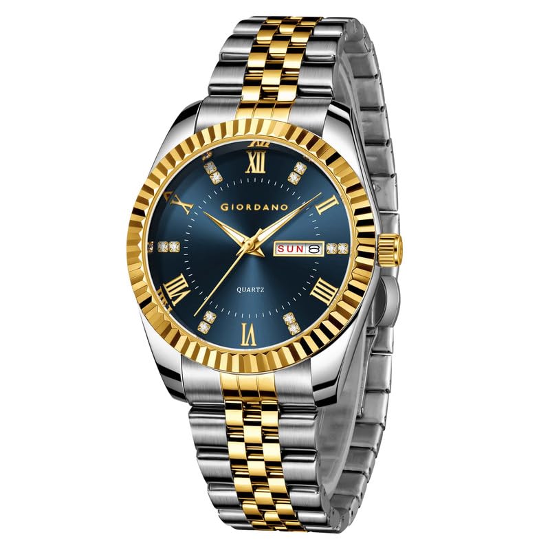 Analog Watch for Men – Luxury Two-Tone Stainless Steel Strap, Gold Accents, Crystal Hour Markers, Fluted Bezel, and Day-Date Display-image-49