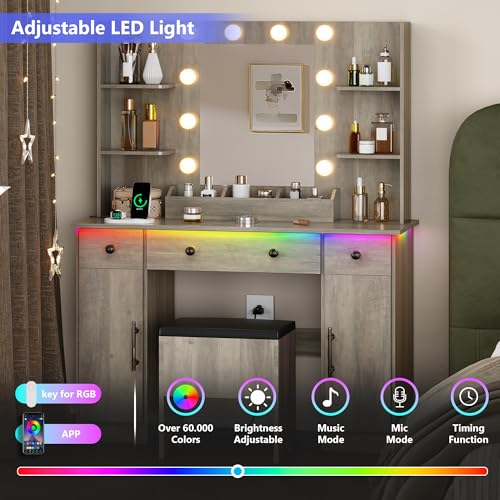 Image of HUANLEGO Vanity Desk with Mirror and Lights,Grey Makeup Vanity with Charging Station & Stool, 3 Drawers and Cabinets, Farmhouse Vanity Mirror with RGB LED Lights Makeup Desk and Chair for Women